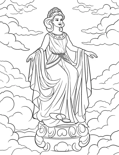 A crowned woman in a flowing gown stands on a round pedestal among clouds.