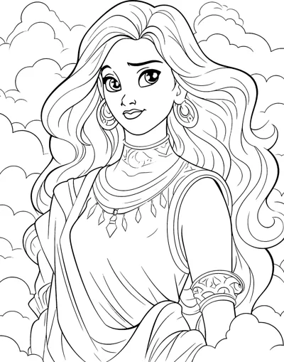 A close-up of a goddess with long wavy hair and a jeweled necklace among clouds.