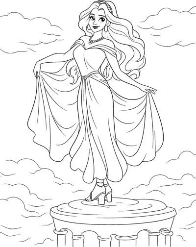 A goddess lifts her long gown while standing on a stone column pedestal among clouds.