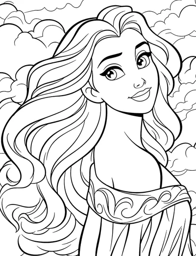 A close-up of a goddess with huge waves of hair and a patterned robe neckline.