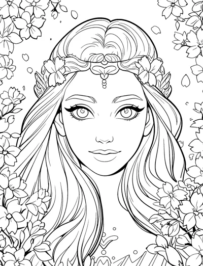 Portrait of a woman wearing a laurel and flower crown, surrounded by blossoming branches.