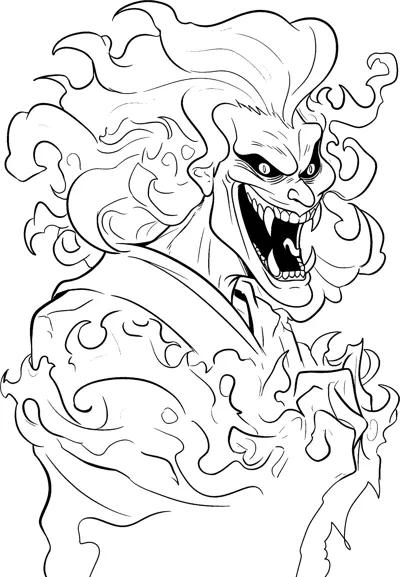 A grinning demon with sharp teeth and swirling flame hair stares out.