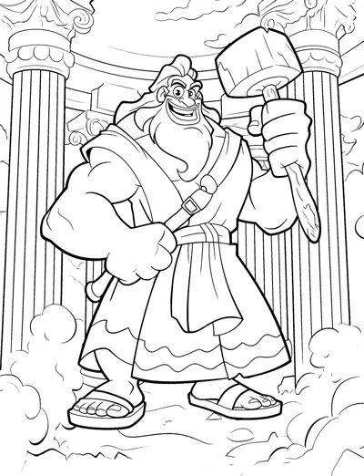 A grinning bearded god lifts a big hammer in front of stone columns.