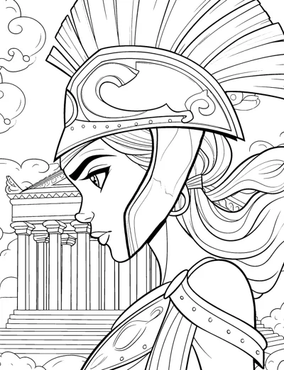 A woman in a crested Greek helmet shown in profile with a columned temple behind her.