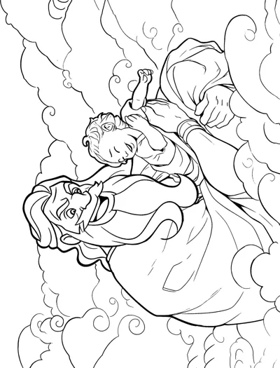 A hooded figure holds a long-haired person in his arms as smoke swirls around them.