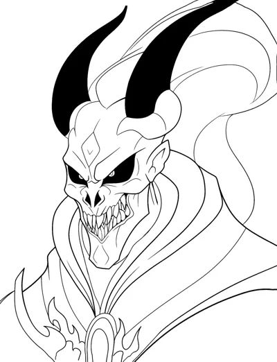 A close-up of a horned demon with a skull-like face and sharp teeth.