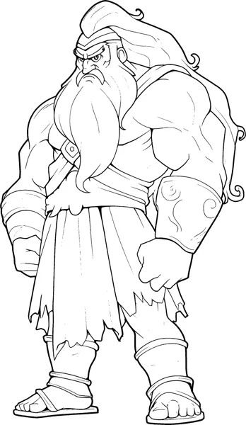A massive bearded god in torn robes stands with arms tense and fists clenched.