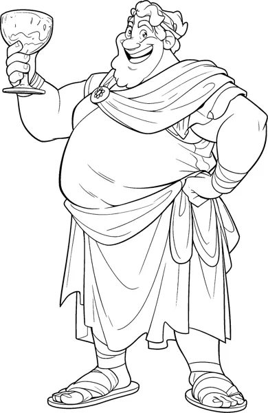 A plump laughing god in a toga and sandals raises a goblet in one hand.