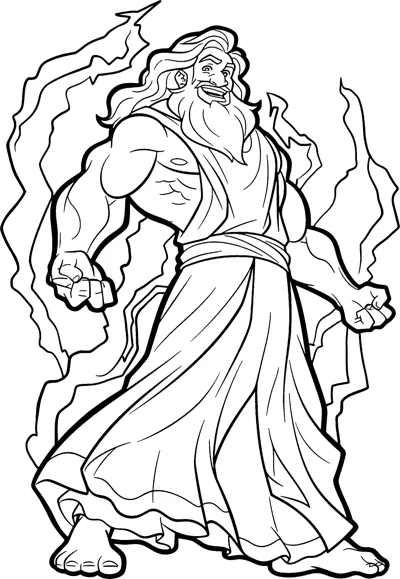A grinning bearded god in robes stands with lightning crackling around his body.