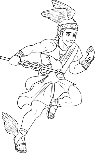 A smiling god in a winged helmet runs holding a staff wrapped with serpents.