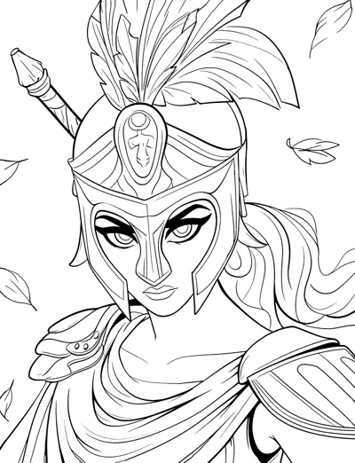 A close-up of a goddess in a plumed helmet holding a spear with leaves falling.