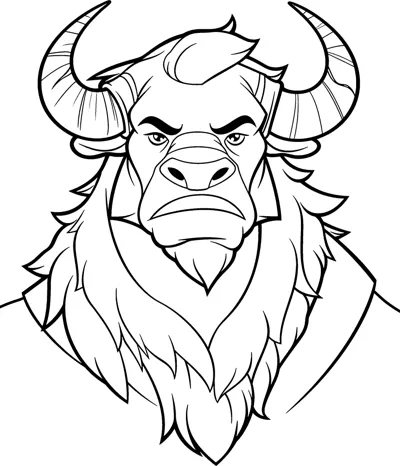 A close-up of a horned bull head with a shaggy mane and frowning face.