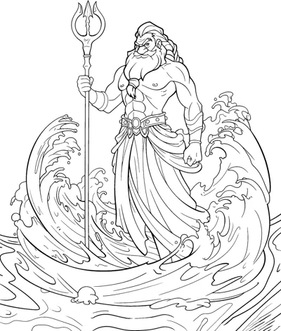 A bearded sea god holds a trident while standing amid crashing waves and spray.
