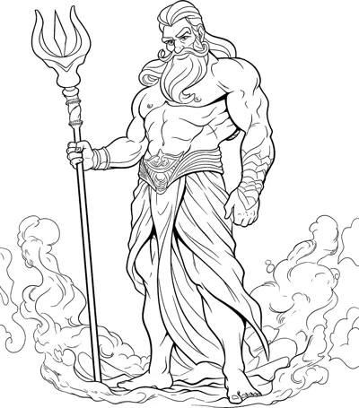 A muscular bearded sea god in a wrapped skirt holds a tall trident.