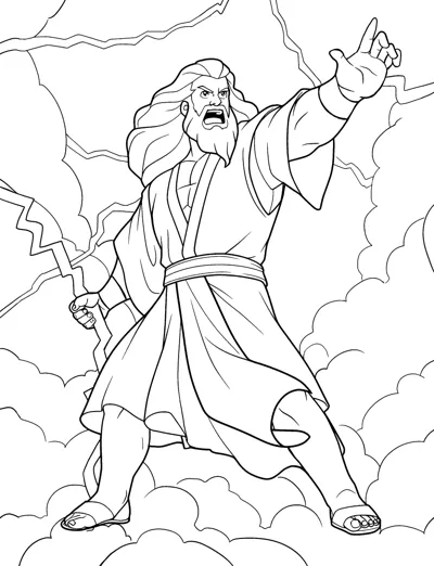 A long-haired god in robes shouts and raises one arm amid clouds and lightning.