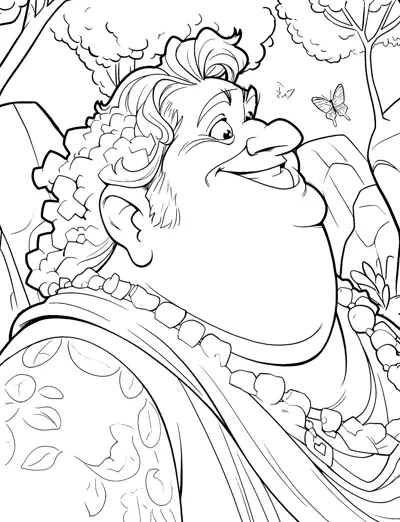 A close-up of a smiling god wearing a crown of grapes and leaves with butterflies nearby.