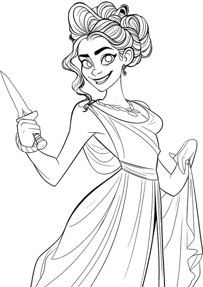 A smiling woman with curly piled-up hair holds a small dagger in one hand.