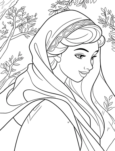 A smiling woman in a hooded veil with a braided headband, surrounded by leafy branches.