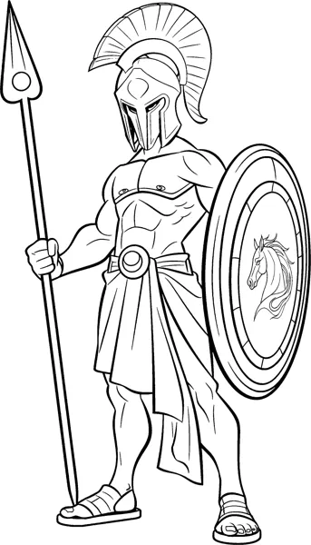 A helmeted warrior stands with a tall spear and a round shield bearing a horse.