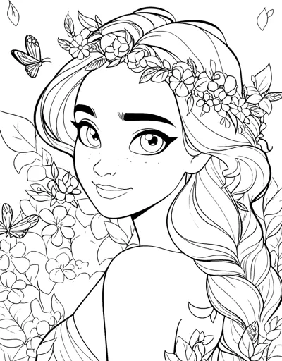A smiling young woman with a flower crown and long braid, with butterflies fluttering nearby.