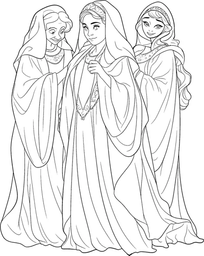Three women in long hooded veils and flowing robes stand close together.