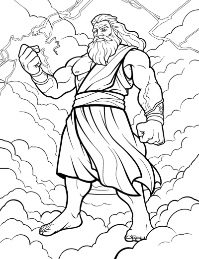 A muscular bearded god stands in storm clouds gripping a lightning bolt.
