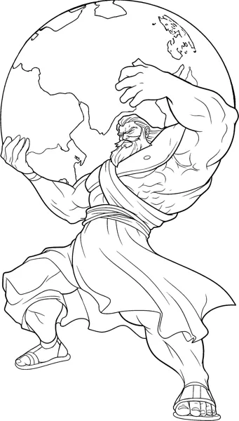 A bearded titan crouches while holding a huge globe on his shoulders.