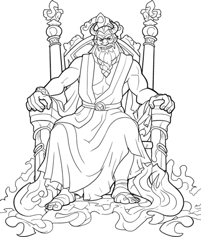 A bearded god sits on a tall throne surrounded by rising smoke and flames.