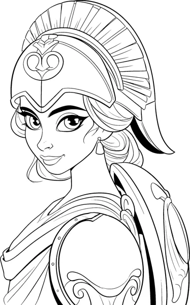 A goddess wears a crested helmet with a heart crest and holds a shield at her shoulder.