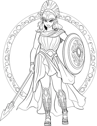A goddess in a helmet holds a spear and shield framed by a decorative circle.