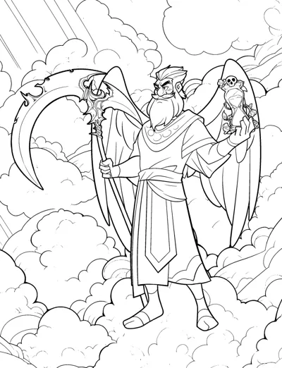 A bearded winged god in robes holds a long scythe and a skull staff among clouds.