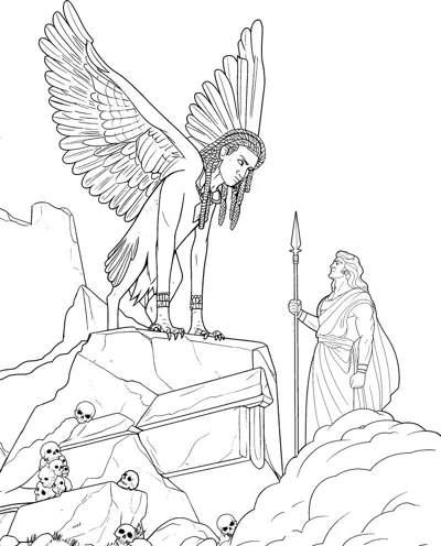 A winged woman with braids stands on a rock near skulls while a robed man watches.