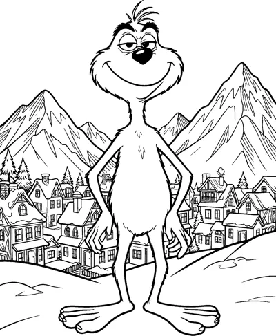 The Grinch standing on a snowy hill with a sly grin, high above a little town of snow-covered houses and mountains.