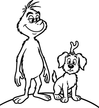 The Grinch stands smiling on top of a snowy hill next to Max, who sits beside him with one antler tied on.