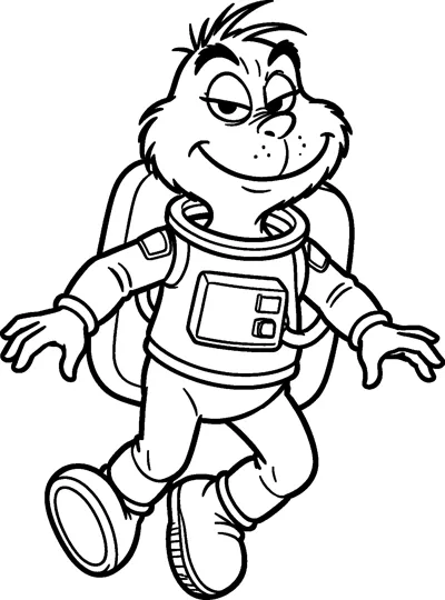 The Grinch floats in an astronaut suit with a backpack, chest control panel and big moon boots.