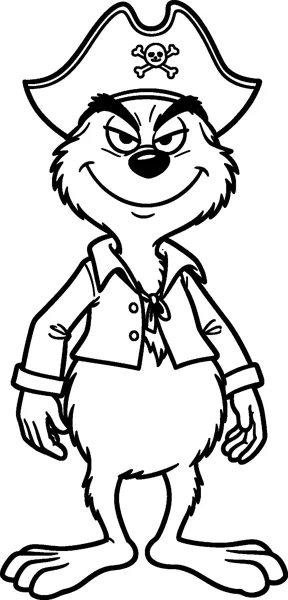 The Grinch wears a three-cornered pirate hat with a skull and crossbones, an open shirt and a cuffed jacket.