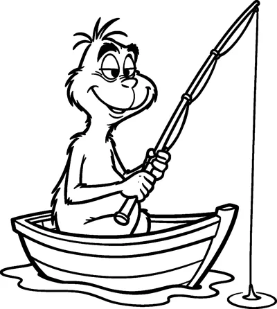 The Grinch sits in a small wooden rowing boat on calm water, holding a long fishing rod with the line in the water.