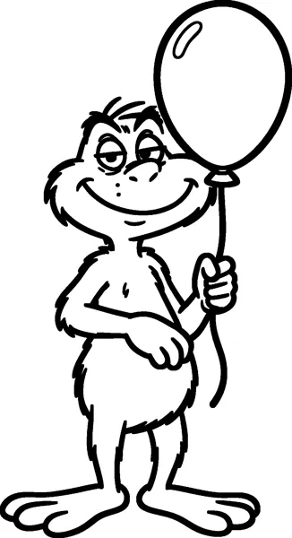 The Grinch holds the string of one big round balloon in his hand and smiles with sleepy, heavy eyelids.