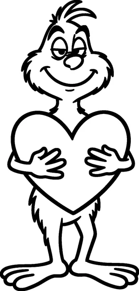 The Grinch hugs a large heart shape against his chest with both hands and gives a gentle, sly smile.