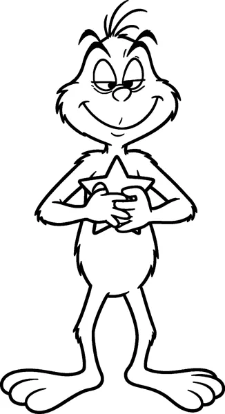 The Grinch with a sly half-closed grin holding a five-pointed Christmas star close to his chest.