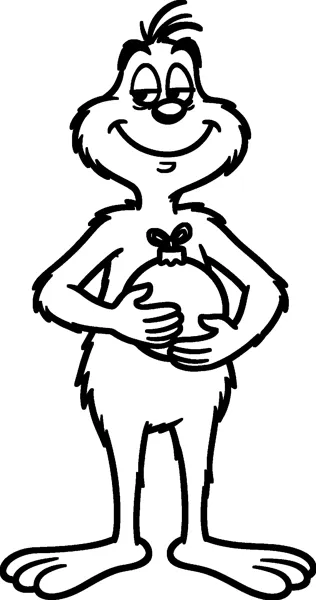 The Grinch with sleepy half-closed eyes and a sly smile, holding a big round Christmas bauble against his tummy.