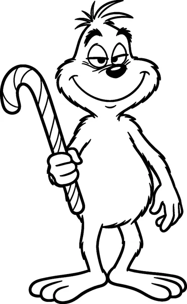 The Grinch stands with a sly smile, holding a tall striped candy cane in one hand with his other arm at his side.