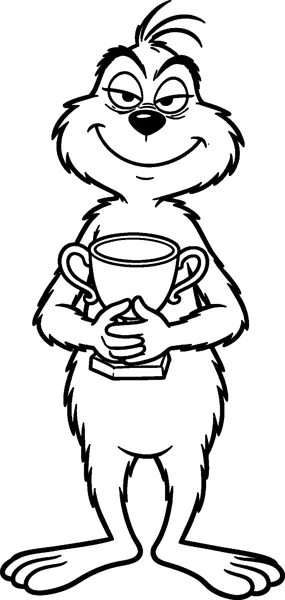 The Grinch holds a two-handled trophy cup against his chest with both hands and a proud, sly smile.