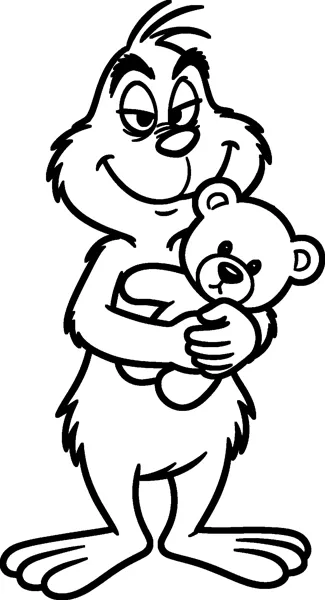 The Grinch holds a small round teddy bear close to his chest and smiles with heavy, half-closed eyes.