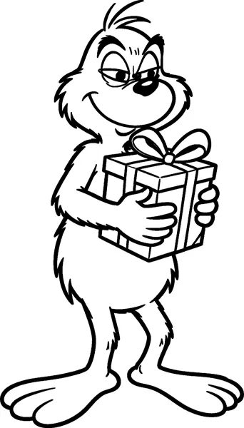 The Grinch with a crafty smile hugging a wrapped Christmas present tied with a big ribbon bow.