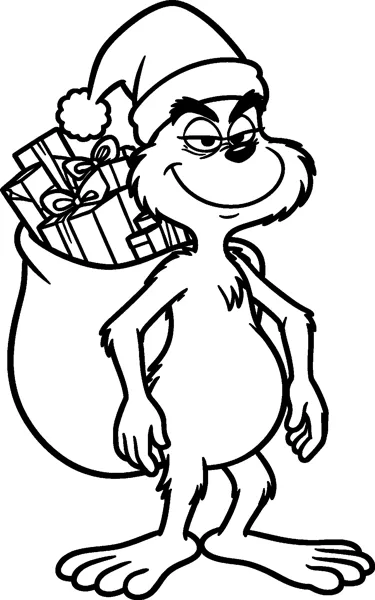 The Grinch wears a Santa hat and carries a big sack stuffed with wrapped presents over his shoulder.