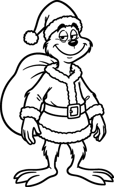 The Grinch wears a fluffy Santa hat, coat and belt while carrying a huge bulging sack over his shoulder.