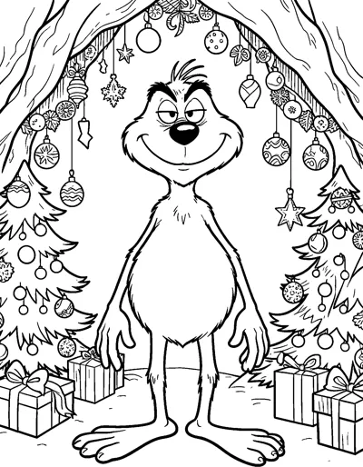 The Grinch standing in his cave surrounded by hanging baubles, stars, two decorated trees and wrapped presents.