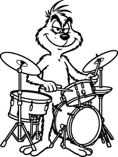 The Grinch sits behind a drum kit with two cymbals, a snare drum and a bass drum, holding drumsticks.