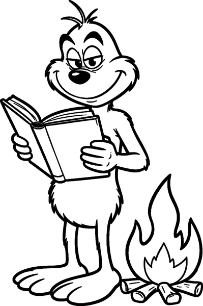 The Grinch smiling as he reads an open book while standing beside a crackling campfire of logs.